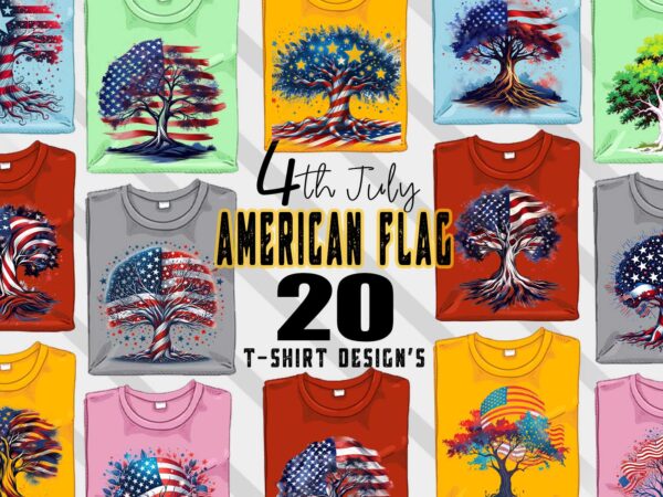 Retro american flag printed tree t-shirt design bundle with 20 png & jpeg designs – download instantly 20 t-shirt design