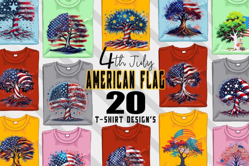 Retro American Flag Printed Tree t-shirt design bundle with 20 png & jpeg designs – download instantly 20 T-shirt Design