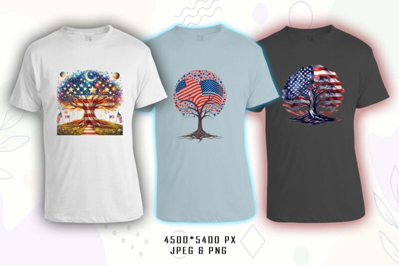 Retro American Flag Printed Tree t-shirt design bundle with 20 png & jpeg designs – download instantly 20 T-shirt Design