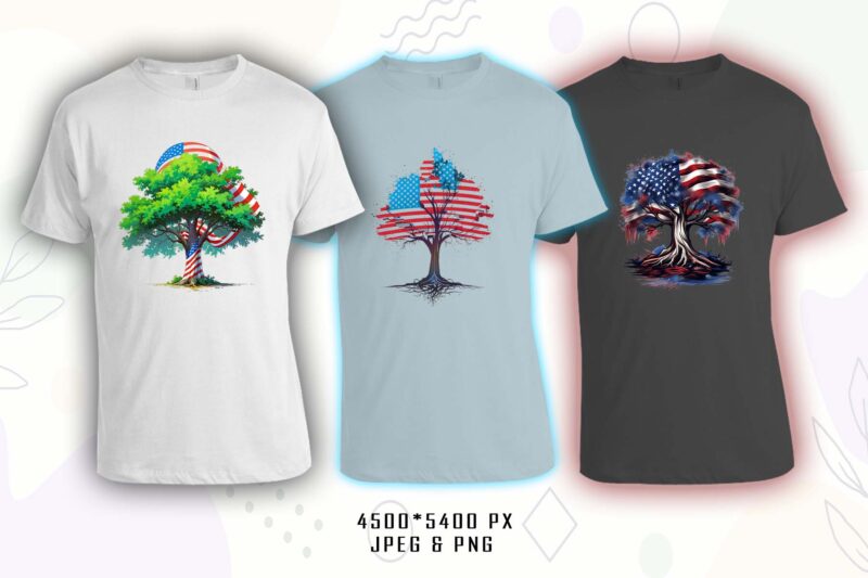 Retro American Flag Printed Tree t-shirt design bundle with 20 png & jpeg designs – download instantly 20 T-shirt Design