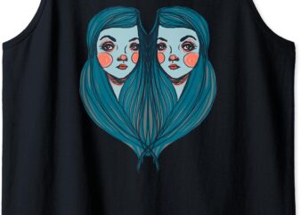 Big Eyes Sad Girls Twin Drawing Retro Mod Blue Hair Kawaii Tank Top t shirt template