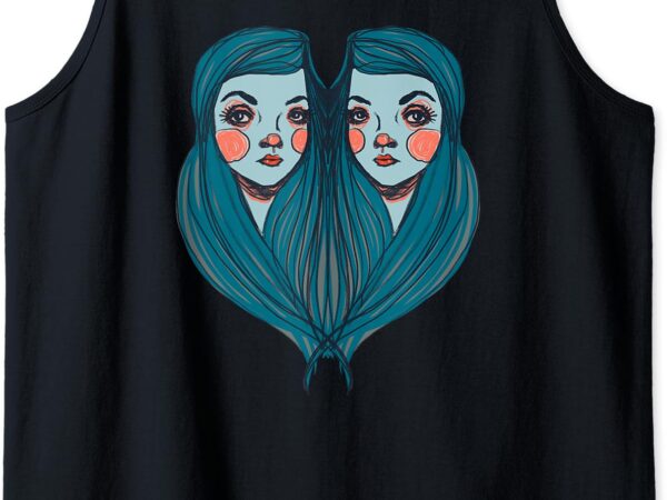 Big eyes sad girls twin drawing retro mod blue hair kawaii tank top t shirt template