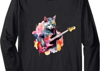 Cat Playing Bass Guitar Watercolor Graphic Design Long Sleeve T-Shirt