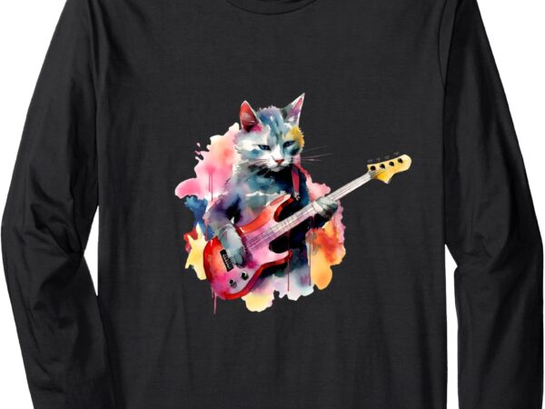 Cat playing bass guitar watercolor graphic design long sleeve t-shirt