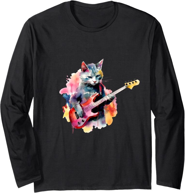 Cat Playing Bass Guitar Watercolor Graphic Design Long Sleeve T-Shirt