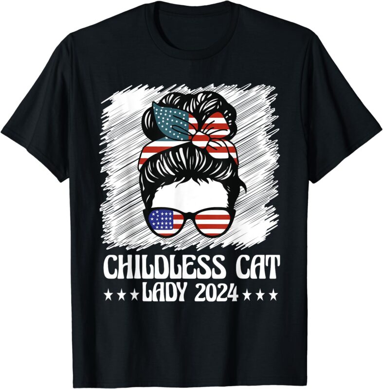 Childless Cat Lady 2024 Groovy Messy Bun American Flag T-Shirt