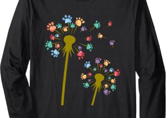 Colored Dog Paw Dandelion Flower Print Cute Gift Long Sleeve T-Shirt