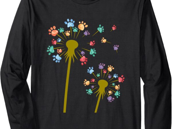 Colored dog paw dandelion flower print cute gift long sleeve t-shirt