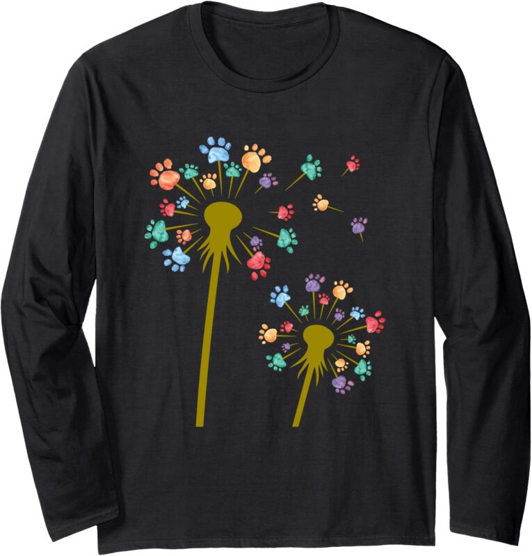 Colored Dog Paw Dandelion Flower Print Cute Gift Long Sleeve T-Shirt