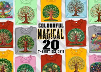 Abstract Colourful Magical Tree t-shirt design bundle with 20 png & jpeg designs – download instantly Retro Vintage T-shirt Design