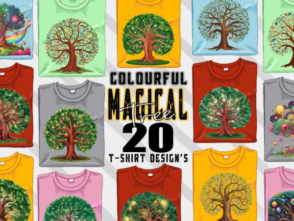 Abstract colourful magical tree t-shirt design bundle with 20 png & jpeg designs – download instantly retro vintage t-shirt design