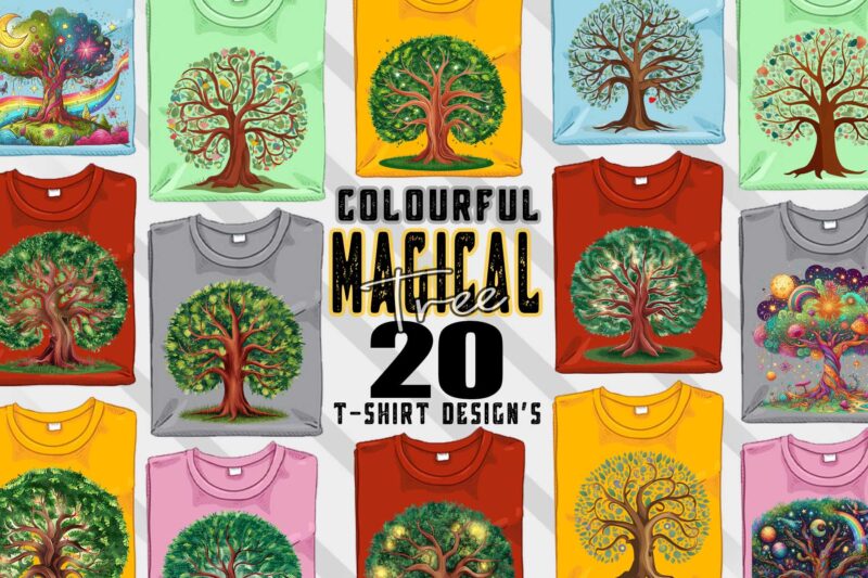 Abstract Colourful Magical Tree t-shirt design bundle with 20 png & jpeg designs – download instantly Retro Vintage T-shirt Design