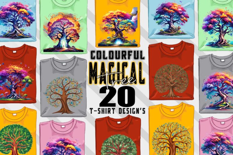 Colourful Magical Tree t-shirt design bundle with 20 designs – download instantly Retro Vintage T-shirt