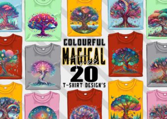 Vintage Colourful Magical Tree t-shirt design bundle with 20 designs – download instantly Retro Vintage Illustration