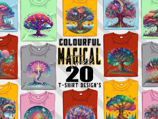 Vintage colourful magical tree t-shirt design bundle with 20 designs – download instantly retro vintage illustration