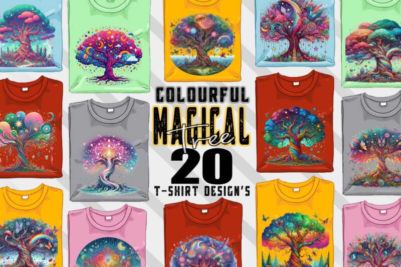 Vintage Colourful Magical Tree t-shirt design bundle with 20 designs – download instantly Retro Vintage Illustration