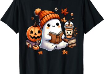 Cute Ghost Reading Book Lovers Halloween Ghost Coffee Women T-Shirt