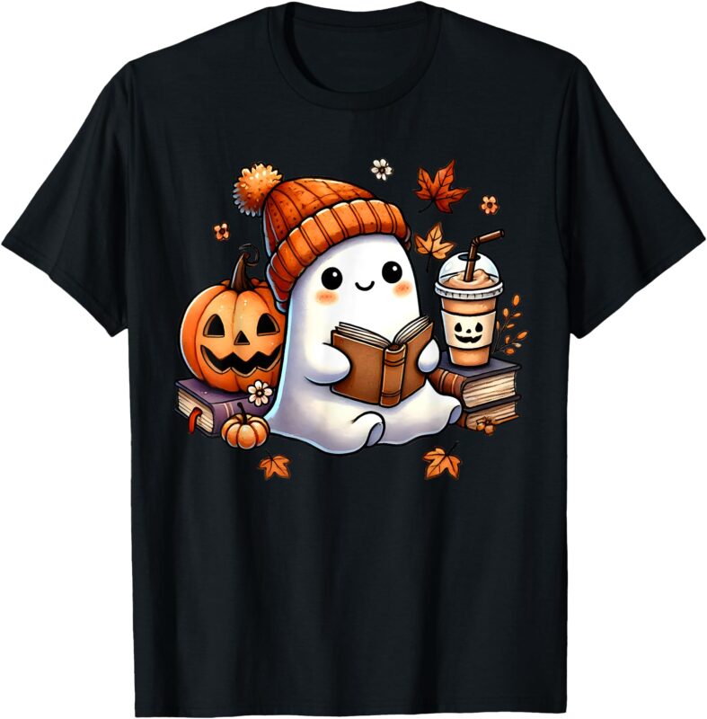 Cute Ghost Reading Book Lovers Halloween Ghost Coffee Women T-Shirt