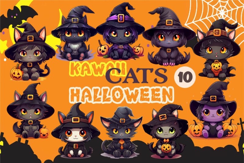 Cute Halloween Kawaii Cats. Sticker.