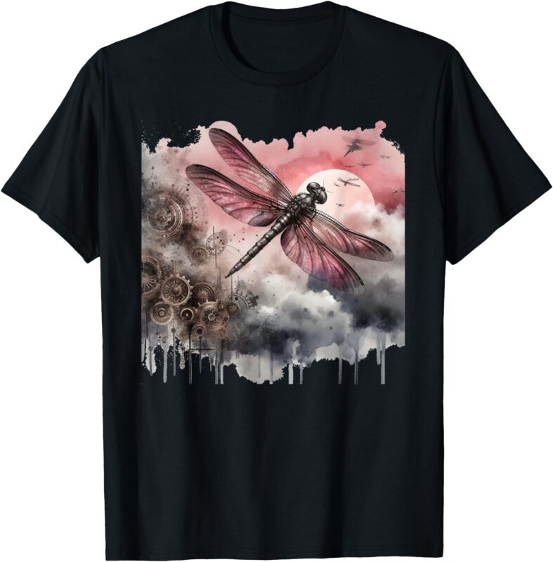 Dragonfly Steampunk Pink and Grey T-Shirt