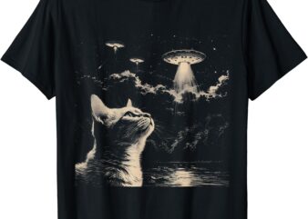 Funny Animal Graphic Tee Cat Selfie With Ufos Weird