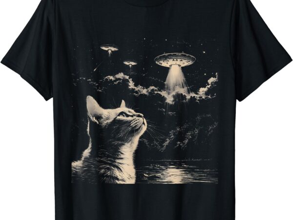 Funny animal graphic tee cat selfie with ufos weird