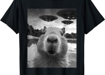 Funny Graphic Tee Capybara Selfie with UFOs Weird T-Shirt