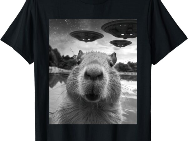 Funny graphic tee capybara selfie with ufos weird t-shirt