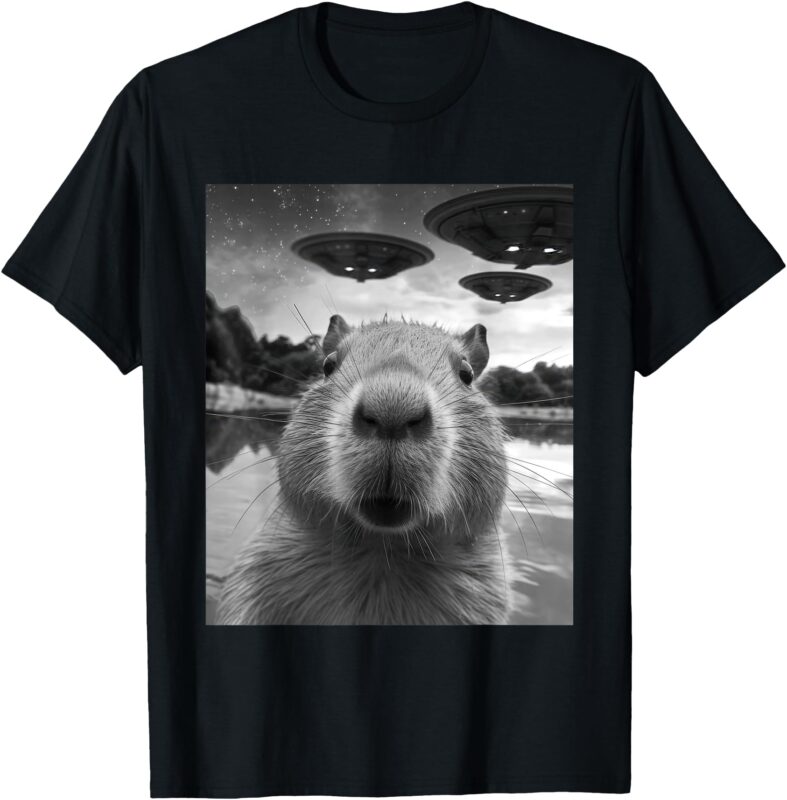 Funny Graphic Tee Capybara Selfie with UFOs Weird T-Shirt