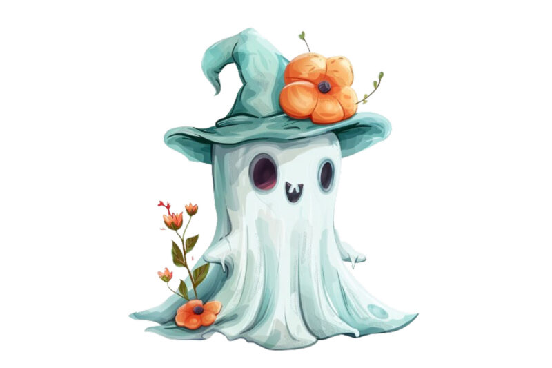 Halloween Funny Ghost with Flower Cap Clipart