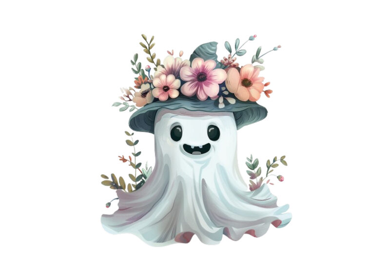 Halloween Funny Ghost with Flower Cap Clipart