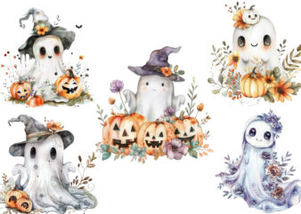 Halloween cute baby ghost with flower