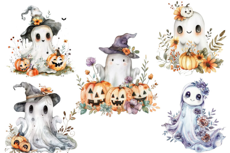 Halloween cute baby ghost with flower