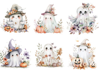 Halloween cute baby ghost with flower