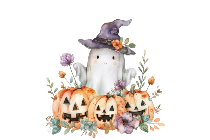 Halloween cute baby ghost with flower