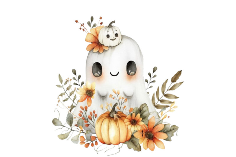 Halloween cute baby ghost with flower