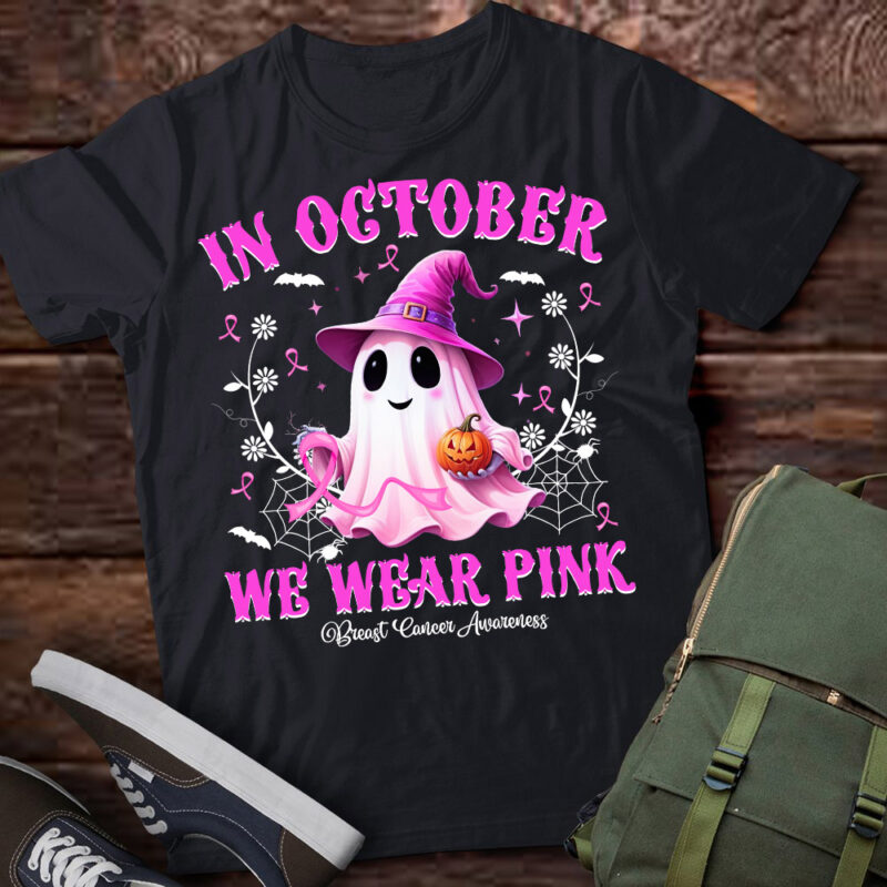 In October We Wear Pink Ghost Witch Breast Cancer Awareness T-Shirt ltsp