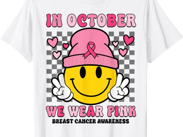 In october we wear pink ribbon ghost halloween breast cancer t-shirt