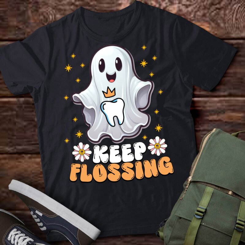 Keep Flossing Ghost Groovy Dental Hygiene Halloween Crew T-Shirt ltsp