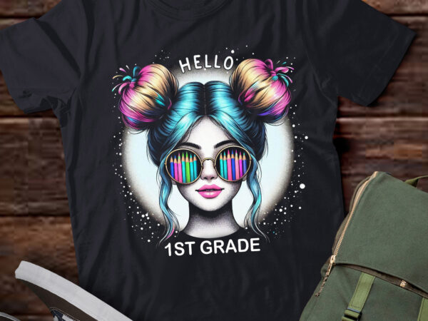 M380 hello 1st grade messy hair bun girl back to school t shirt designs for sale