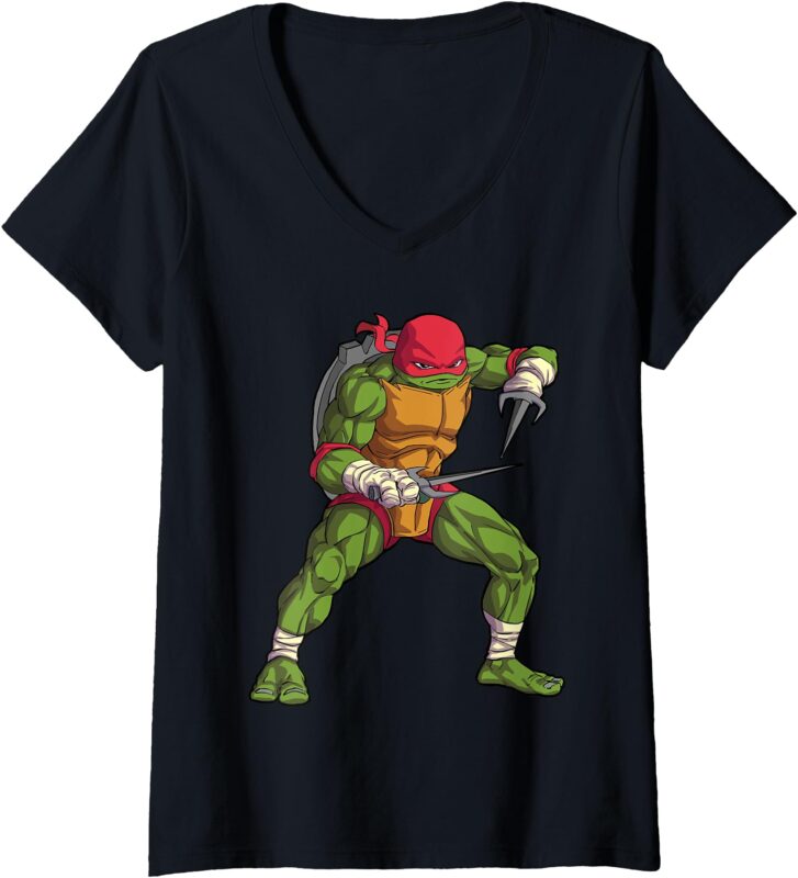 Mademark x Teenage Mutant Ninja Turtles – Womens Raphael Tonfas Fighting Stance V-Neck T-Shirt