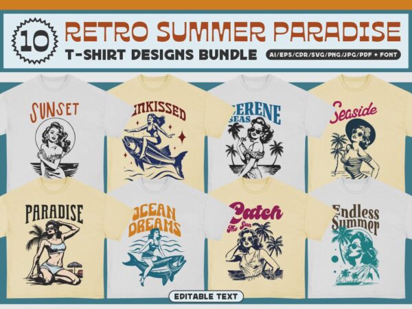 Retro summer paradise t-shirt design bundle