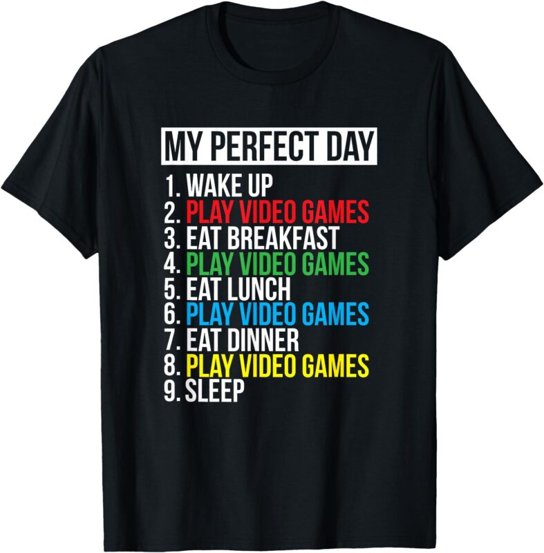 My Perfect Day_ Black Classic Fit Gamer T-Shirt, Crew Neck, Short Sleeve, Polyester & Cotton