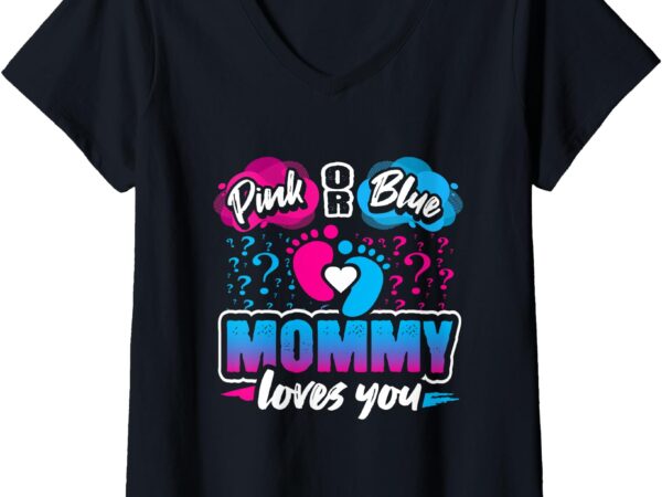 Pink or blue mommy loves you gender reveal baby shower party v-neck t-shirt