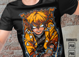 Premium Zenitsu Demon Slayer Anime Vector T-shirt Design Template