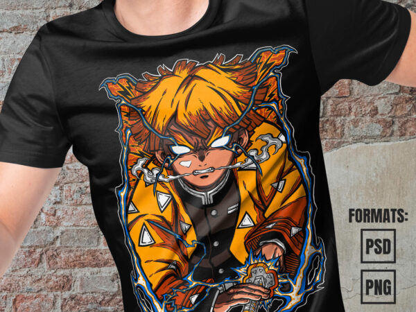 Premium zenitsu demon slayer anime vector t-shirt design template