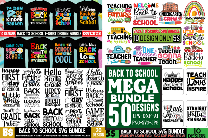 Back To School Mega SVG Bundle ,Back to School Mega Bundle, Kindergarten SVG, First Day Of School SVG, School Png, First/Second/Third Grad