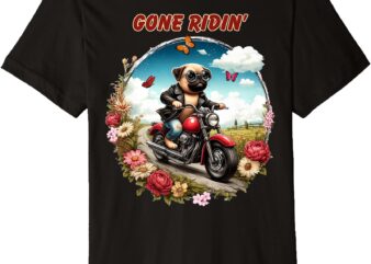 Pug Dog Riding Motorcycle with Flowers and Butterflies Premium T-Shirt