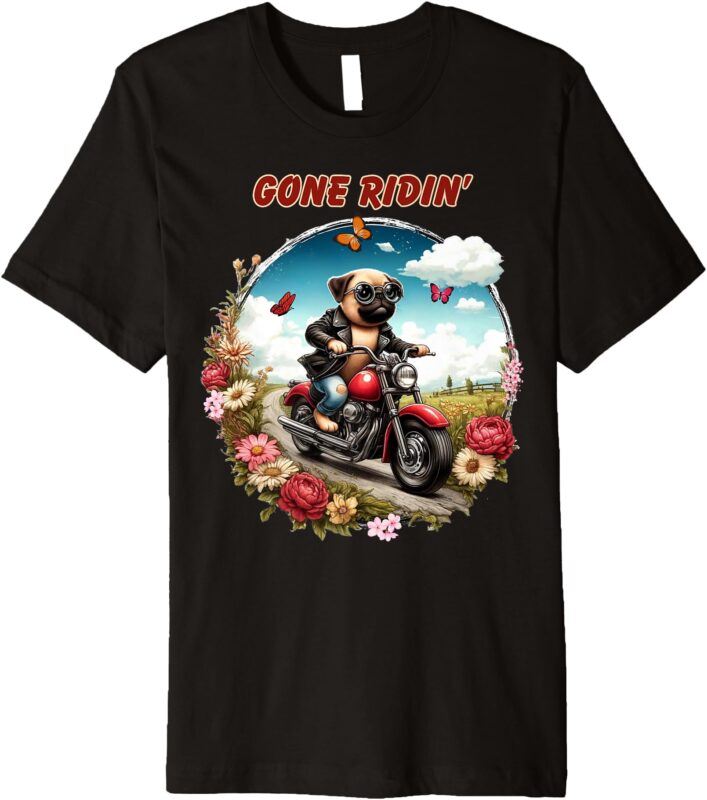 Pug Dog Riding Motorcycle with Flowers and Butterflies Premium T-Shirt