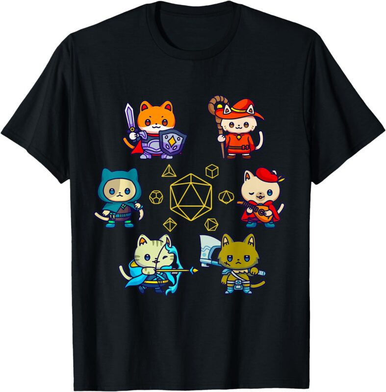 RPG Gamer Cats D20 Dice Nerdy Geek Cat Men Women Kids T-Shirt